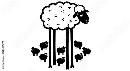 A cartoon sheep surrounded by flock standing under a large cloud in a serene landscape illustration