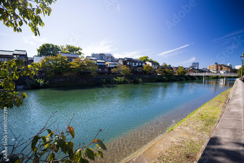 Higashi Chaya District river and bridge in Japan
