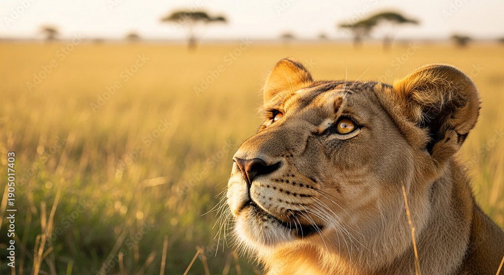 Obraz premium Close-up of a lion's face against a grassland backdrop under a sunny sky, representing majesty, power, and the wild, perfect for nature themes