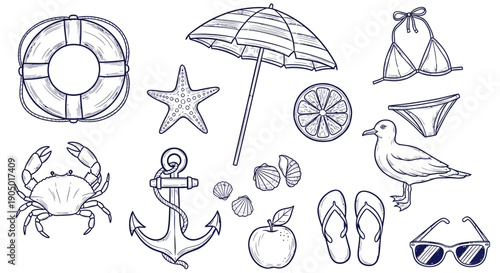 Collection of beach elements including umbrella, crab, anchor, seagull, and sunglasses in a line art style illustration
