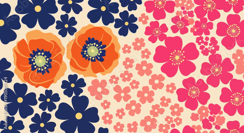 Vibrant Floral Pattern with Blue, Orange, and Pink Flowers in a Dense Arrangement