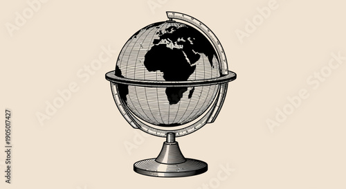 Globe centered on Africa displayed on metal stand, viewed from the side, illustration, educational tool, geography focus