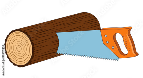 A handsaw cutting through a log of wood in a carpentry scene depiction