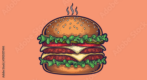 A close-up illustration of a juicy burger with cheese, lettuce, and tomato on a bun viewed from the front