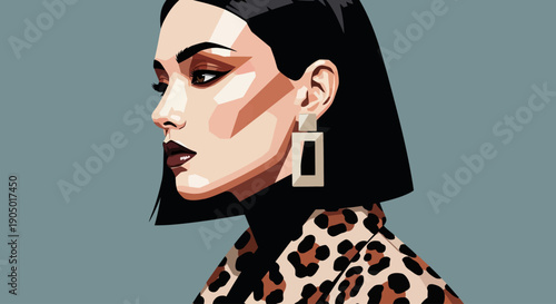 Illustration of a woman's profile with leopard print clothing and geometric earrings, viewed from the side