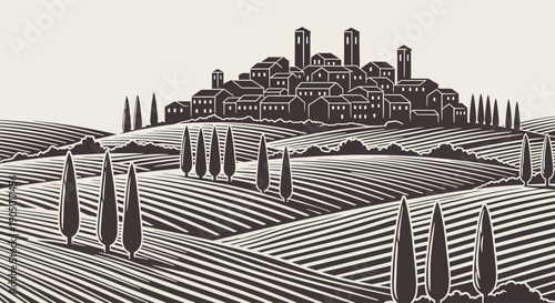 A serene landscape of cypress trees and rolling hills with a medieval town on a hilltop, viewed from a distance.
