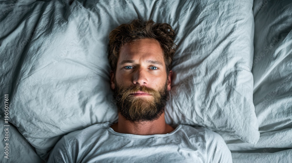 Obraz premium Bearded man with blue eyes lies on rumpled white bed, neutral gaze upward. Tousled brown hair, light gray tee contrast bedding. Soft even lighting highlights features. Calm, introspective mood. Realis