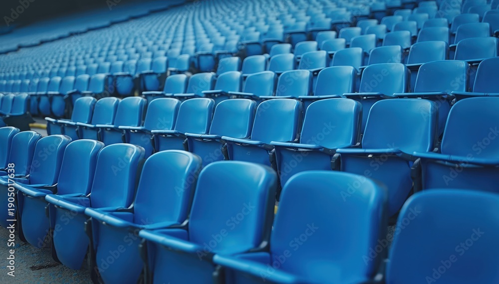 Obraz premium Rows of empty blue seats in an outdoor stadium. Numerous chairs arranged in lines form a pattern. Stadium seating area offers places for spectators and fans at sports events.