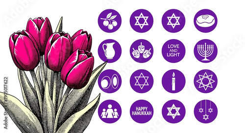 Vibrant Tulips and Jewish Symbols Illustration Representing Faith and Culture in a Modern Context