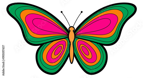 Vibrant butterfly illustration with colorful wings and swirling patterns, viewed from the front, set against a plain white environment.