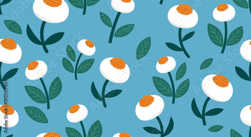 A serene digital illustration of white flowers with orange centers and green leaves on a blue background, repeating pattern, flat design, graphic view