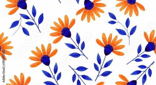 Vibrant orange flowers with blue leaves and stems in a repeating pattern on a seamless background viewed from directly above