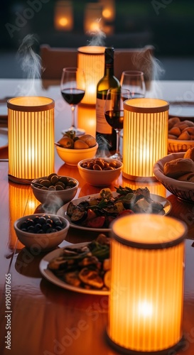 Warm glowing lanterns reflected on a table surface next to shared dishes, inviting and cozy.