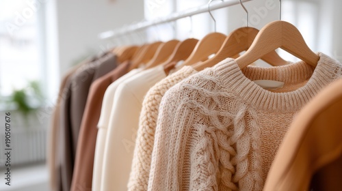 Row of beige, cream, and brown knitted sweaters with knit hanging on wooden hangers in a softly lit boutique with blurred window background.