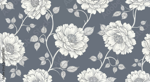 Floral pattern with white flowers and leaves on gray background, illustration of botanical design