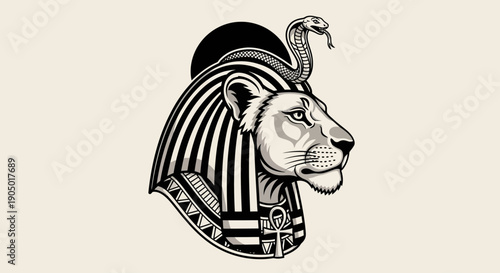 Illustration of lion head wearing Egyptian headdress with cobra symbol on head in black and white vector graphic