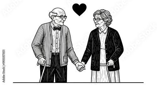 Elderly couple holding hands with a heart above them, conveying love and togetherness in a simple illustration