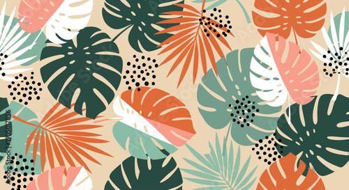 A vibrant tropical pattern featuring leaves, flowers, and foliage in various colors on a neutral background
