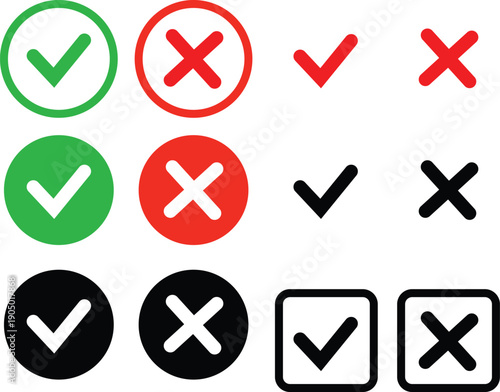 Arrows colorful set Check box tick mark icon set button correct right wrong buttons or yes or no checkmark red cross green tick vector illustration