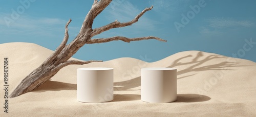 Desert scene two pedestals for product display with sand, tree, and blue sky background