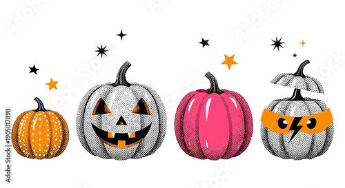 Four decorative pumpkins with unique designs and colors arranged in a row on a surface, adorned with stars and viewed from directly above