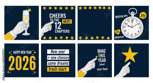 New Year's celebration illustration featuring champagne, clock, star, and toast with fresh start theme