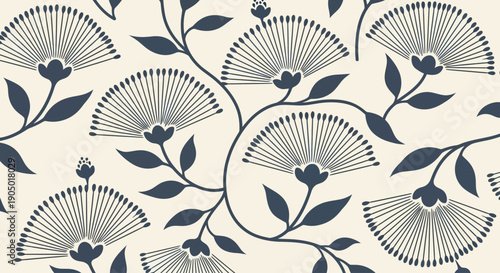 Elegant floral pattern with stylized flowers and leaves in dark blue on a light background, showcasing a serene botanical illustration.