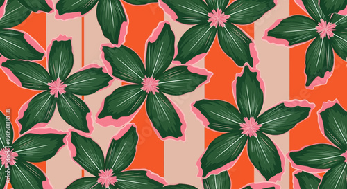 A vibrant floral pattern featuring adam, leaves, and flowers in a repeating design on a striped background