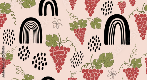 Illustration of grapes and rainbows in a seamless pattern with leaves and flowers on a light background from a top view