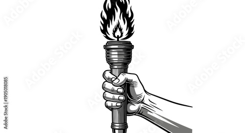 A hand grasping a lit torch with flames rising from the top, illustrated in black and white