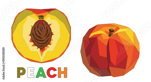 Vibrant peach illustration, cutaway view showcasing pit, alongside geometric peach representation, symbolizing fruit and nutrition