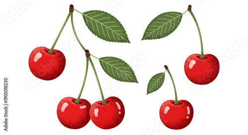 A vibrant digital illustration of cherries with leaves on a transparent background from a straightforward viewpoint