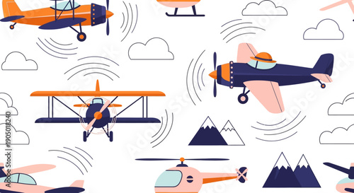 Aerial Vehicles Soaring Through the Skies with Mountains and Clouds in the Background Illustration