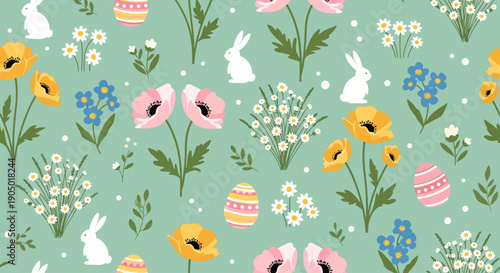 Easter-themed floral pattern with bunnies and eggs in a garden setting from a top-down viewpoint
