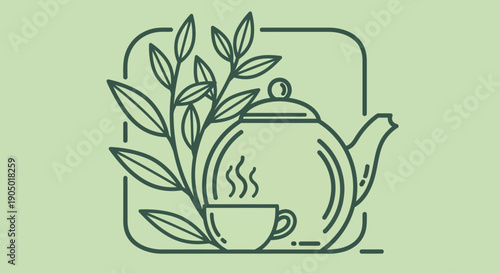 A serene tea setting with a teapot and cup surrounded by leaves, presented in a minimalist illustration style from a straightforward viewpoint