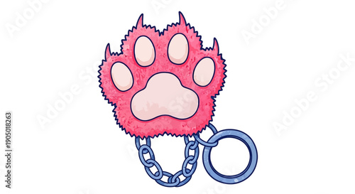 Illustration of a pink animal paw print keychain with chain and ring attachment