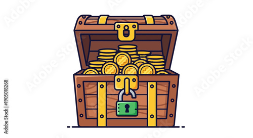 An open treasure chest filled with gold coins, secured with a lock, cartoon-style, from a straight-on viewpoint