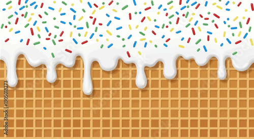 A close-up of a waffle topped with melting ice cream and colorful sprinkles