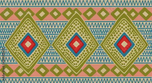 Geometric pattern featuring diamond shapes with colorful designs and borders in a repeating sequence
