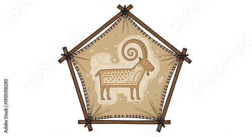 Ancient illustration of a ram within a decorative pentagonal frame, symbolizing strength and heritage