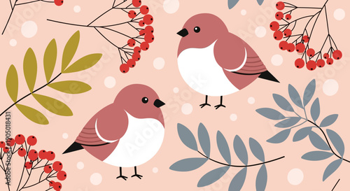 Illustration of birds perched on branches surrounded by leaves and berries in a whimsical environment from a direct viewpoint