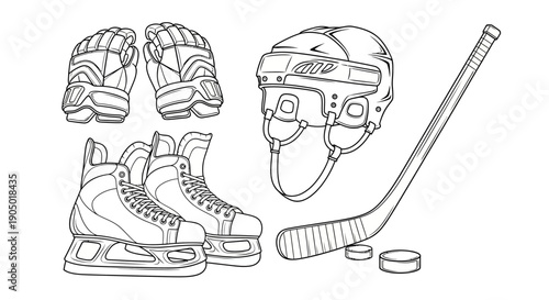 Ice Hockey Equipment Set Illustration Featuring Skates, Helmet, Gloves, and Hockey Stick on White Background from a Front Viewpoint