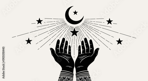 Illustration of hands reaching for a crescent moon surrounded by stars in a mystical night sky