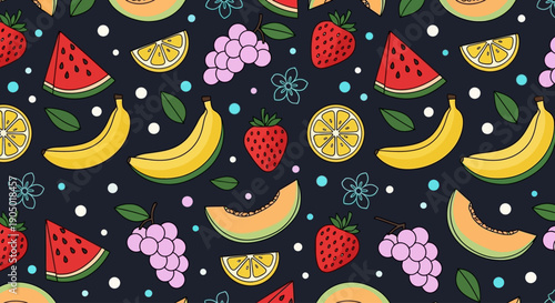 Vibrant fruit pattern featuring watermelon, banana, strawberry, grapes, and orange on a dark background, illustration, close-up view