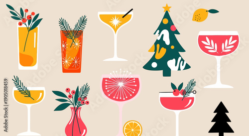 A festive collection of holiday cocktails and decorations in a vibrant, celebratory arrangement viewed from directly above.