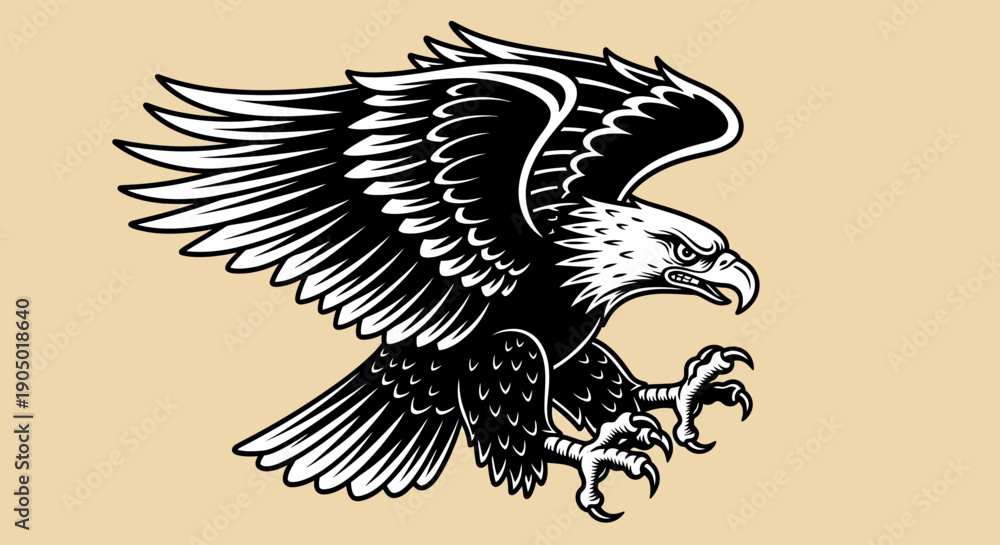 Obraz premium Black and white illustration of an eagle in flight, soaring with outstretched wings and sharp talons, depicted in a dynamic pose.