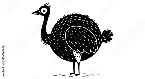 Illustration of ostrich standing on ground with feathered body and long neck