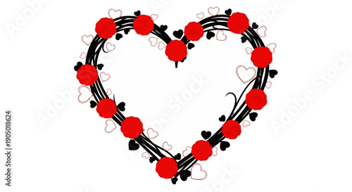 Obraz na plátně Heart-shaped floral arrangement with red flowers and black foliage, viewed from