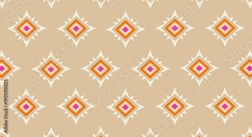 A repeating pattern of diamond shapes in orange and pink hues on a beige background, viewed from directly above, showcasing a decorative design.