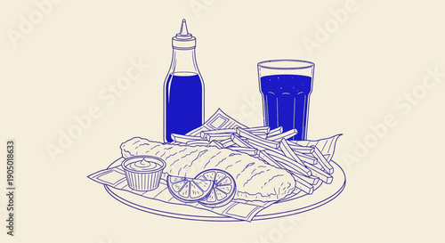 A plate of fish and chips served with a glass of drink and condiments on a table